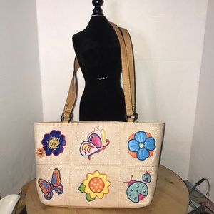Straw Embroidery Paterns Flower, Butterfly & Lady Bugs. Shoulder Bag Faux leathe